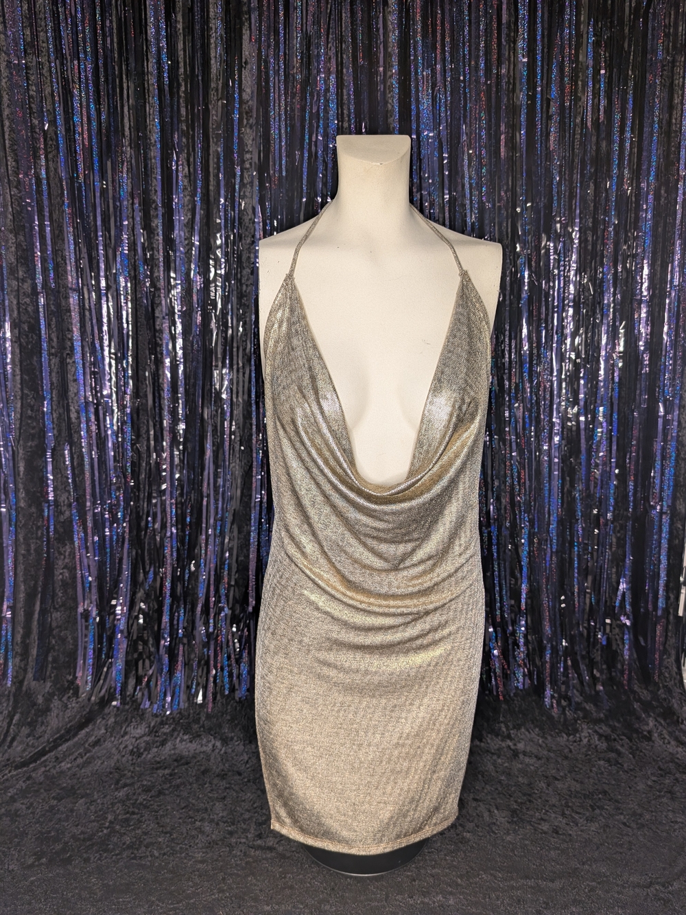 Metallic Gold Halter Cowl Neck Dress